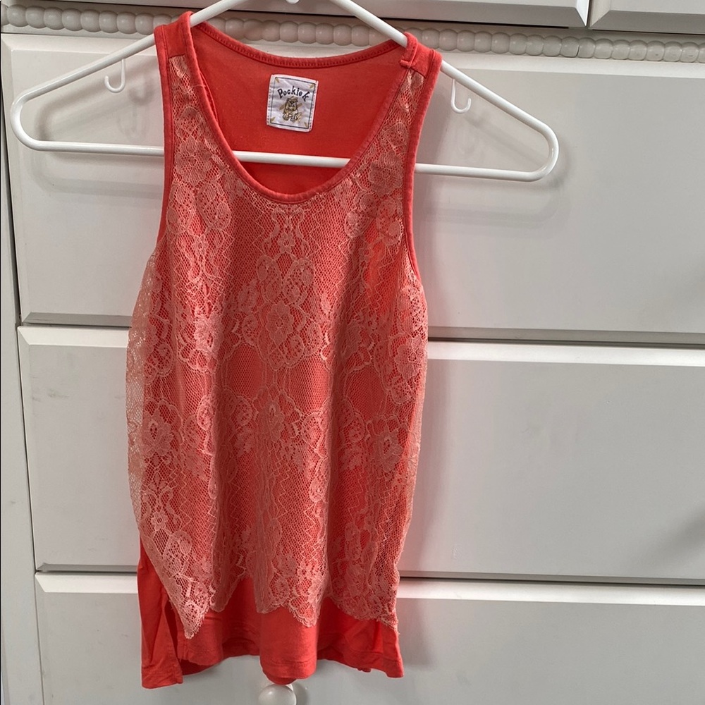 Girls Coral Lace sleeveless Tunic. No Size Shown but looks like Girls size 14